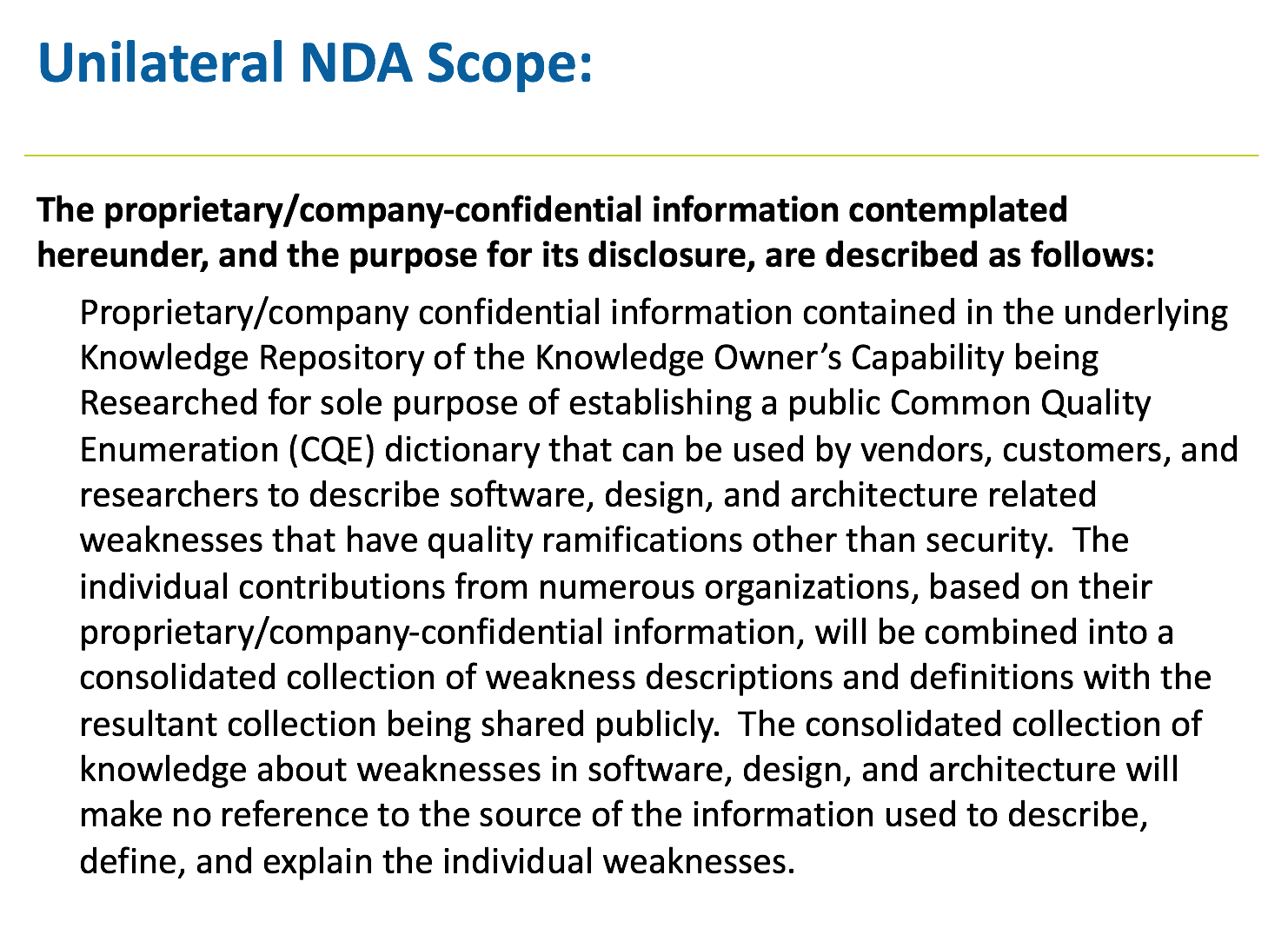 Unilateral NDA for CQE donations